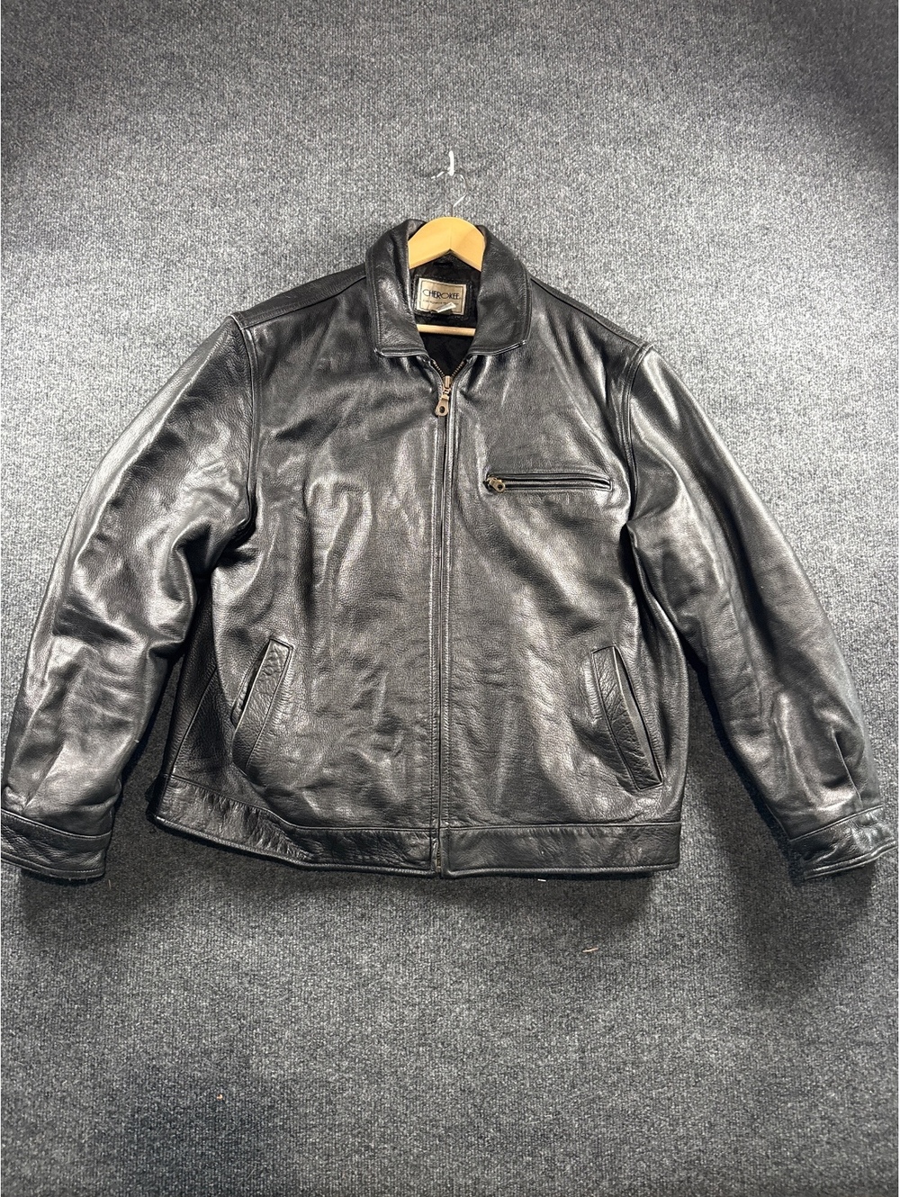Cherokee Men's L Black Genuine Leather Bomber Jacket Full Zip Motorcycle Coat